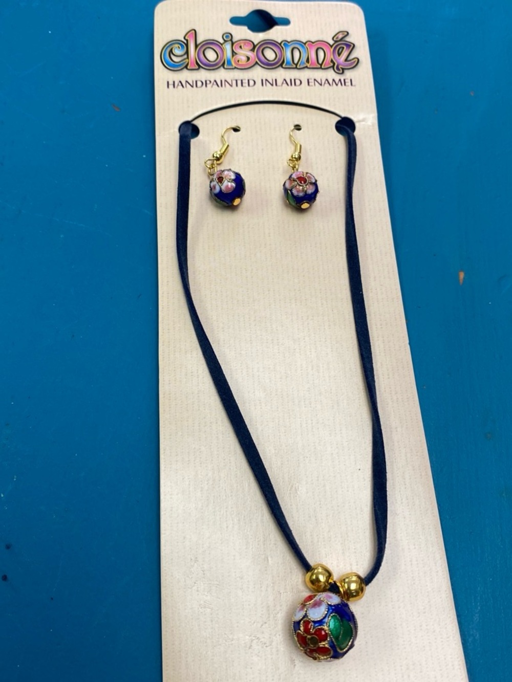 Cloisonné Handpainted Enamel Necklace & Earring Set - Blue Floral